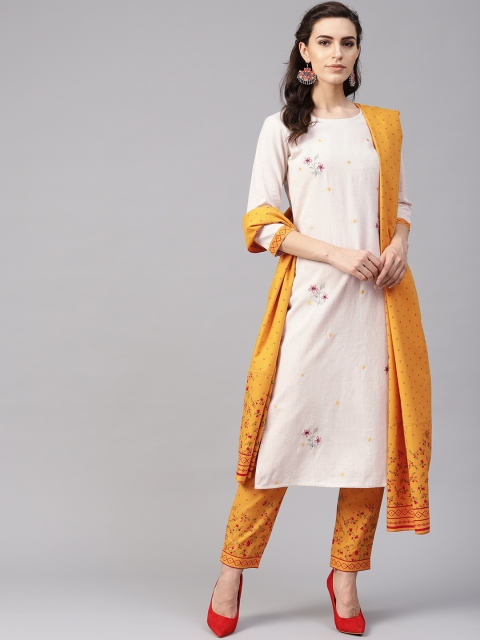 

Yufta Women Beige & Mustard Yellow Embroidered Kurta with Palazzos & Dupatta