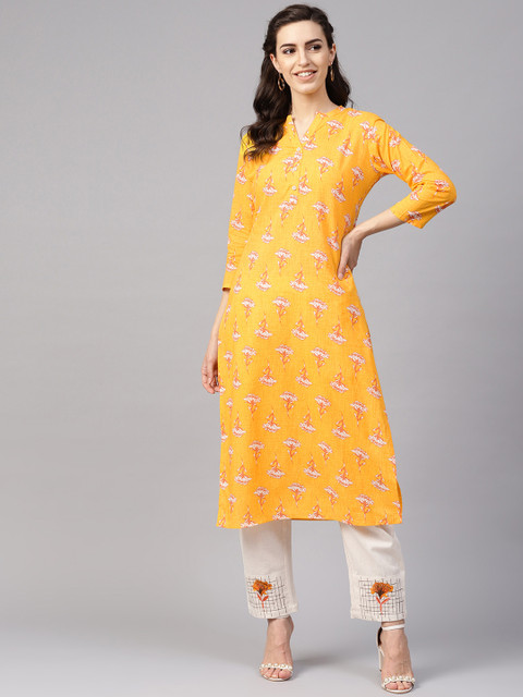 

Yufta Women Yellow & Beige Printed Kurta with Trousers