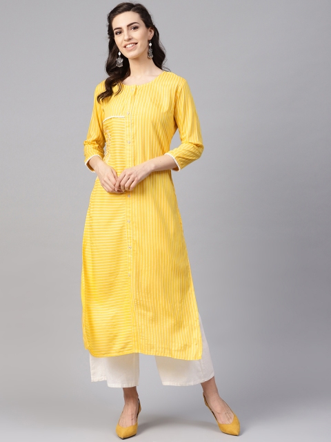 

Yufta Women Yellow & White Striped Straight Kurta