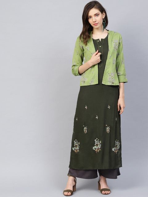 

Yufta Women Green Embroidered Straight Kurta With Jacket