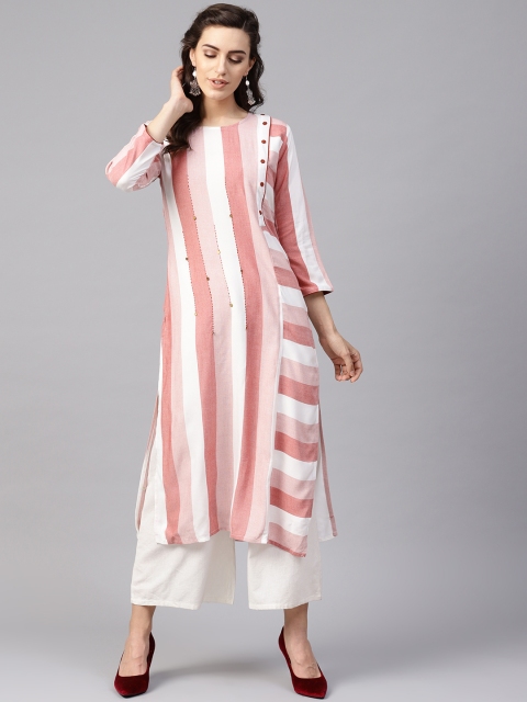 

Yufta Women Pink & White Striped Straight Kurta, Peach