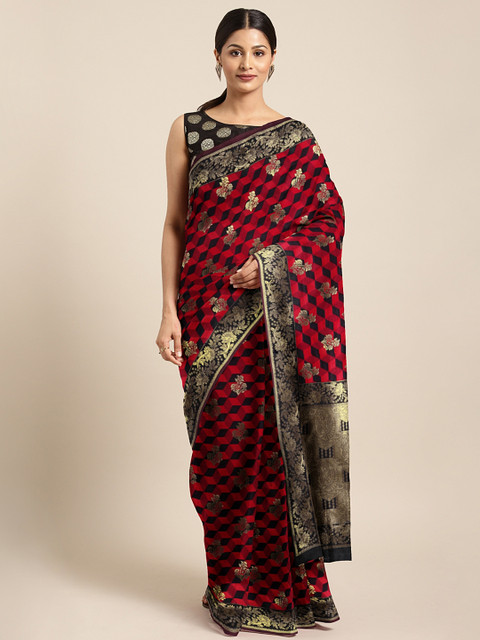 

Satrani Maroon & Black Poly Silk Woven Design Kanjeevaram Saree
