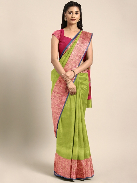 

Satrani Green & Pink Solid Tussar Silk Jacquard Border Saree