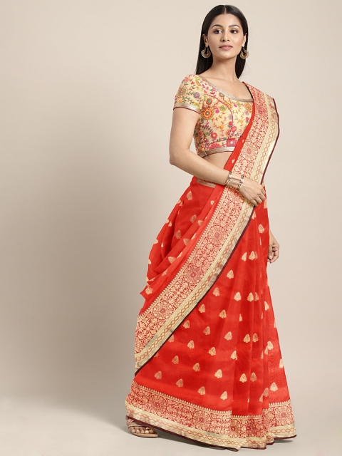 

Satrani Orange Poly Silk Woven Design Banarasi Saree