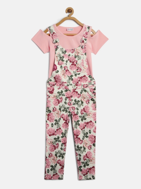 

Peppermint Girls Peach-Coloured & Off-White Printed Dungarees With Top