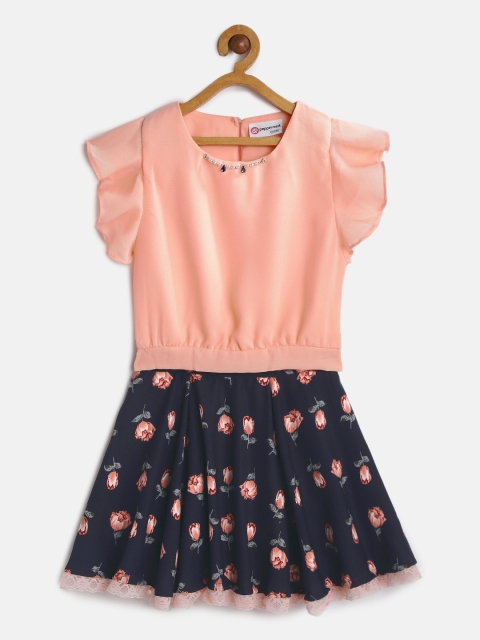 

Peppermint Girls Peach-Coloured & Blue Solid Top with Skirt