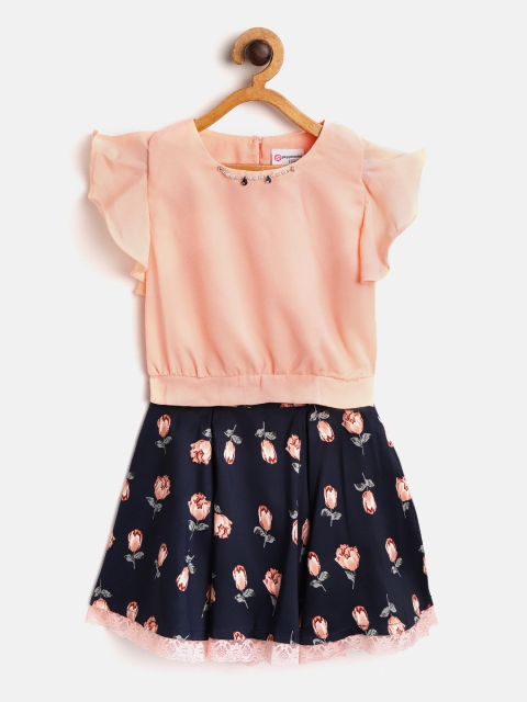 

Peppermint Girls Peach-Coloured & Navy Blue Solid Top with Printed Skirt
