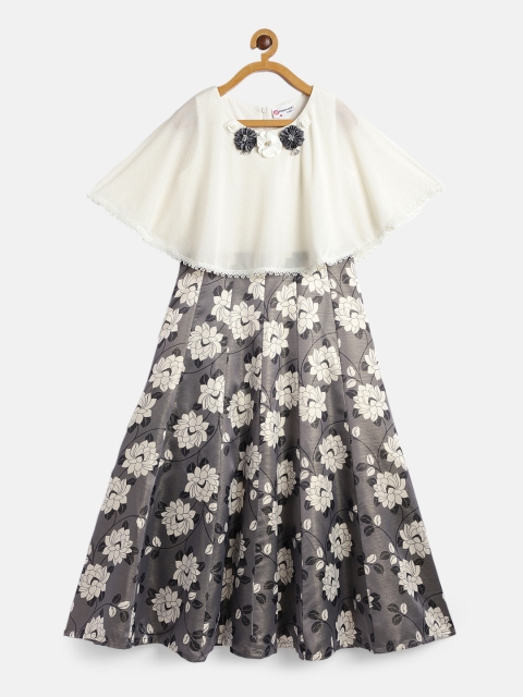 

Peppermint Girls Grey & Cream-Coloured Printed Fit and Flare Dress