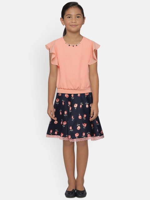 

Peppermint Girls Peach-Coloured & Navy Blue Solid Top with Skirt