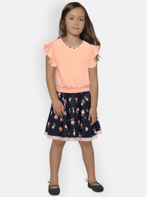 

Peppermint Girls Peach-Coloured & Navy Blue Solid Top with Skirt