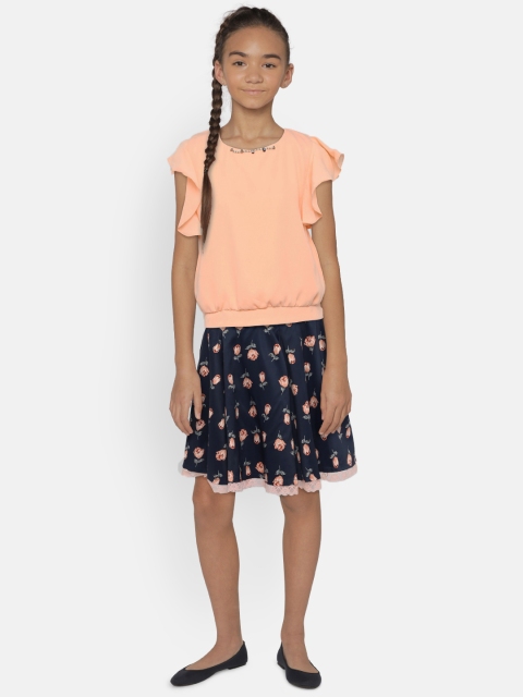 

Peppermint Girls Peach-Coloured & Navy Blue Top with Skirt