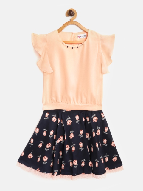 

Peppermint Girls Peach-Coloured & Navy Blue Solid Top with Printed Skirt