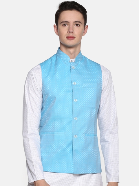 

Shaftesbury London Men Blue & White Printed Nehru Jacket