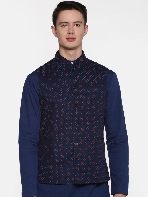 

Shaftesbury London Men Navy Blue Red Printed Pure Cotton Nehru Jacket