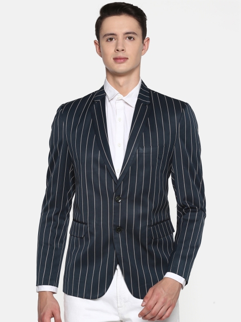 

Shaftesbury Men Navy blue Striped Slim Fit Single-Breasted Smart Casual Blazer