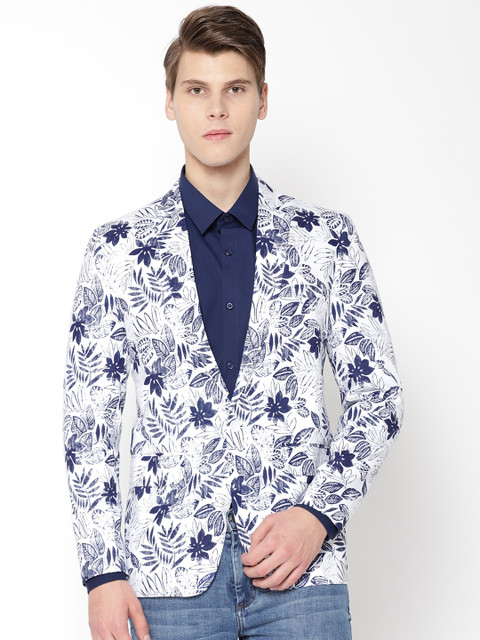

Shaftesbury London Men White and Navy Blue Printed Single-Breasted Casual Blazer