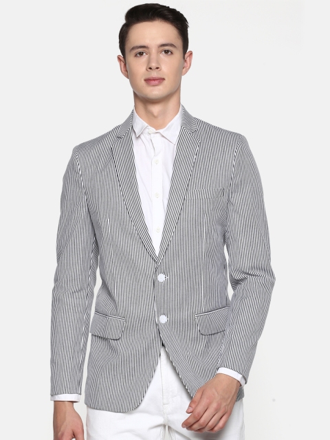 

Shaftesbury Men White & Black Striped Slim Fit Single-Breasted Smart Casual Blazer