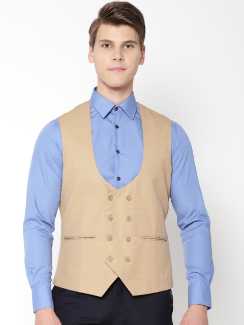 

Shaftesbury London Men Beige Self-Design Double-Breasted Waistcoat