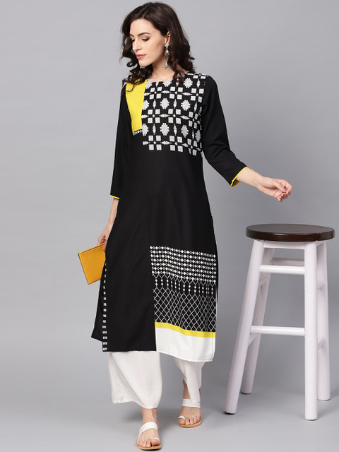 

Vaamsi Women Black & White Printed Straight Kurta
