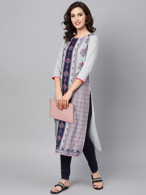 

AHIKA Women Grey & Navy Blue Floral Printed Straight Kurta