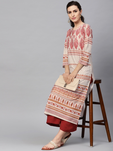 

AHIKA Women Beige & Pink Digital Print Straight Kurta