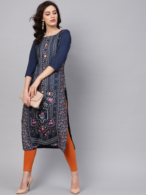 

AHIKA Women Navy Blue & Peach-Coloured Digital Print Straight Kurta