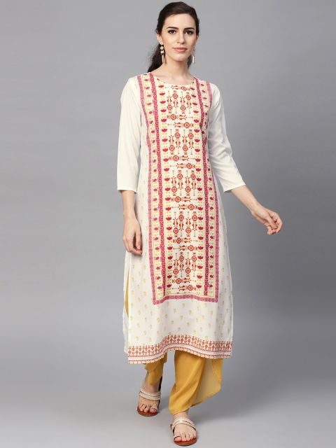 

AHIKA Women Off-White & Mustard Yellow Printed Straight Kurta