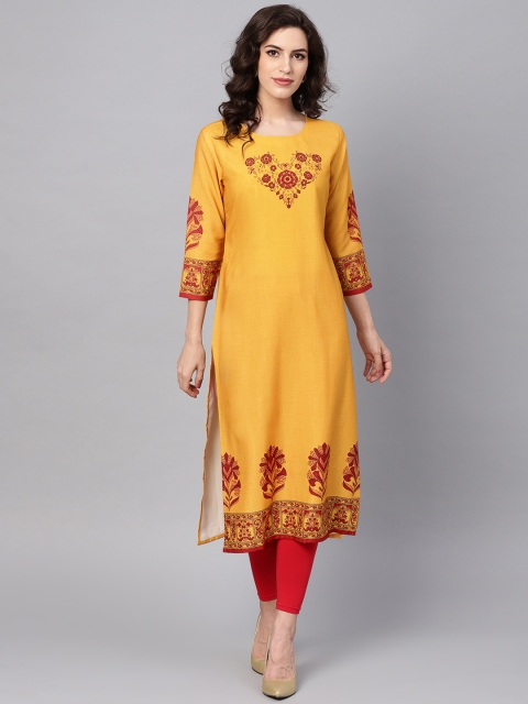

AHIKA Women Mustard Yellow & Red Yoke Design Straight Kurta