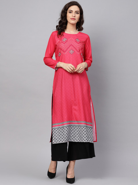 

AHIKA Women Pink Yoke Design Straight Kurta