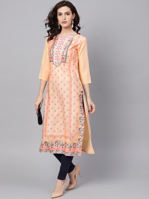 

AHIKA Women Peach-Coloured & Navy Blue Printed Straight Kurta