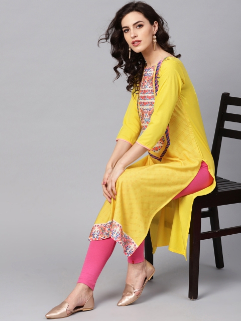 

AHIKA Women Yellow & Pink Yoke Design Straight Kurta