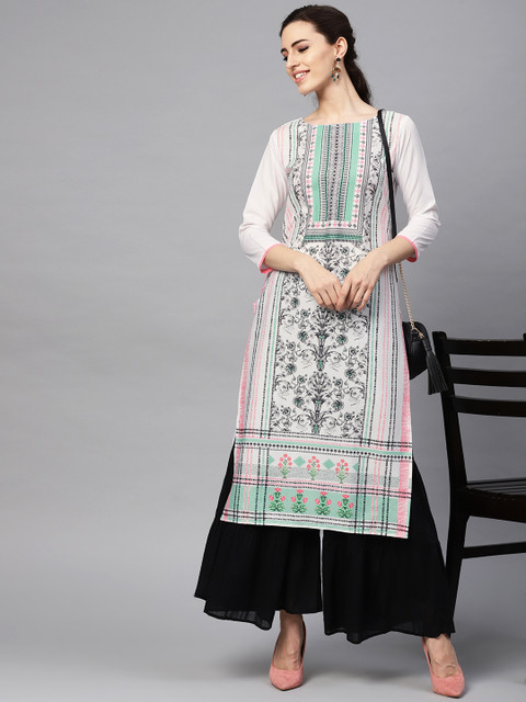 

AHIKA Women White & Black Printed Straight Kurta