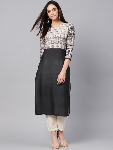 

AHIKA Women Black & Beige Yoke Design Straight Kurta with Digital Print