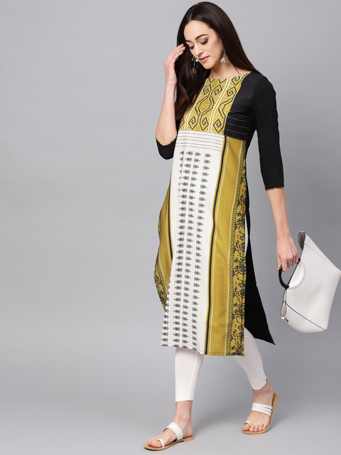 

AHIKA Women Off-White & Mustard Brown Printed Straight Kurta