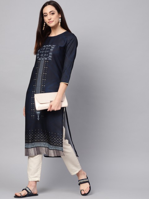 

AHIKA Women Navy Blue Digital Print Straight Kurta