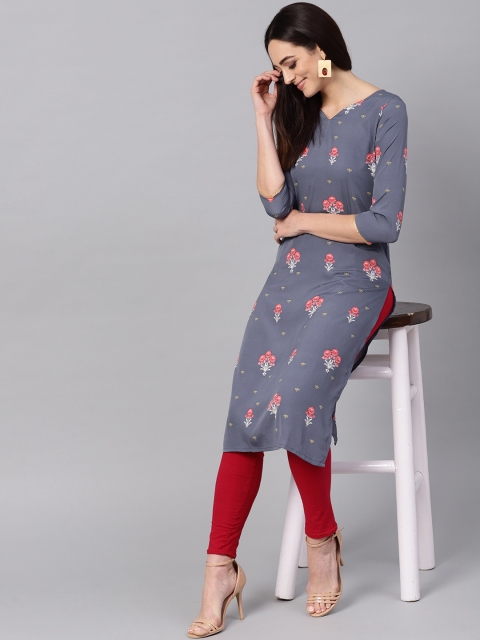 

AHIKA Women Grey & Pink Printed Straight Kurta