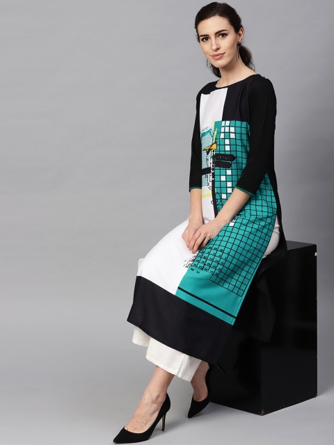 

AHIKA Women White & Green Printed Straight Kurta