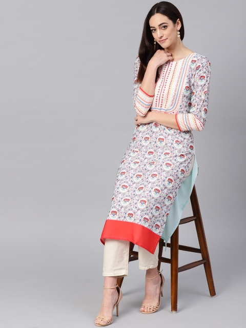 

AHIKA Women Sea Green & Red Printed Straight Kurta