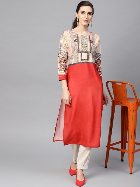 

AHIKA Women Rust Red & Cream-Coloured Yoke Design Straight Kurta