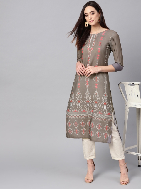

AHIKA Women Grey & Pink Printed Straight Kurta