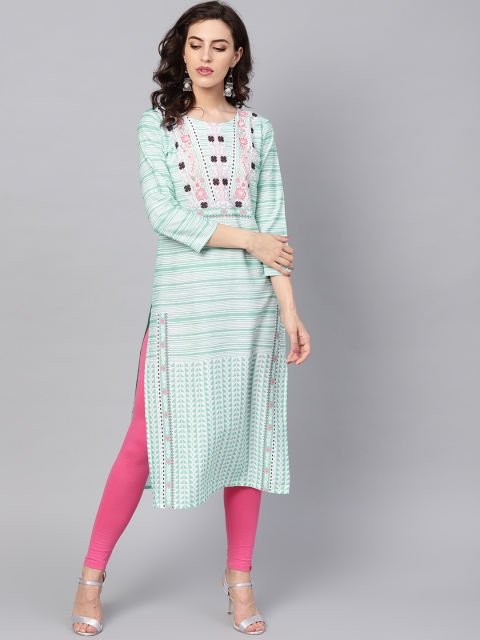 

AHIKA Women Green & White Striped Straight Kurta