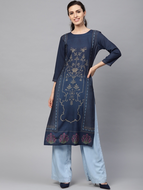 

AHIKA Women Navy Blue & Beige Printed Straight Kurta