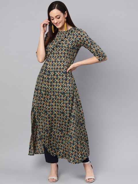 

Idalia Women Teal Blue & Beige Printed A-Line Kurta