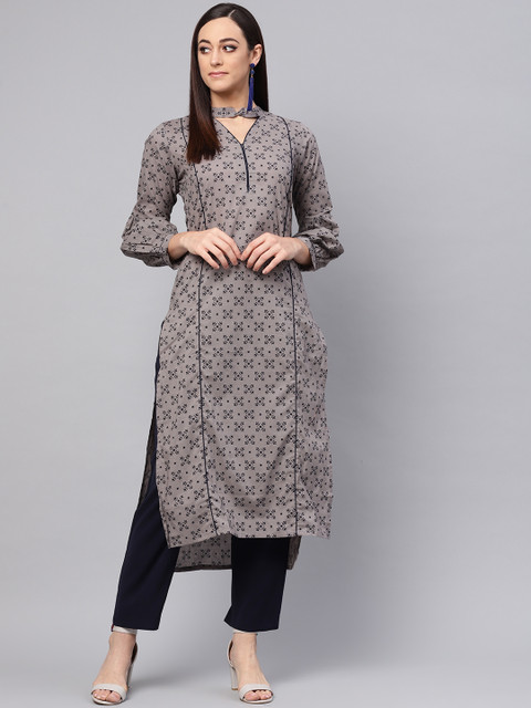 

Idalia Women Grey & Navy Blue Printed Straight Kurta