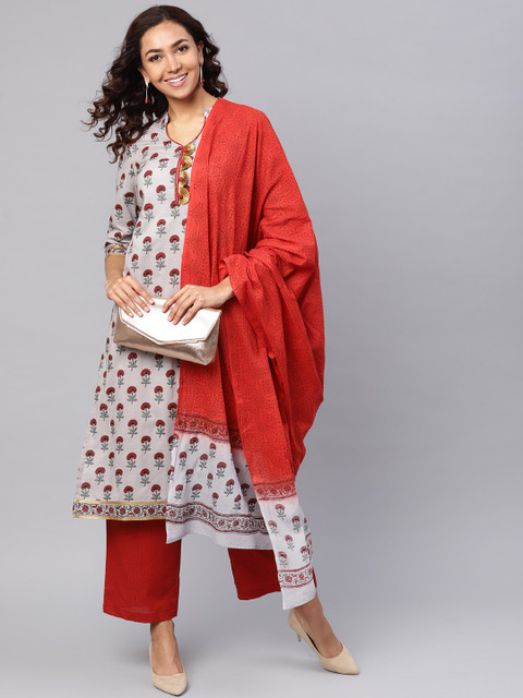 

Idalia Women Grey & Red Handblock Print Kurta with Palazzos & Dupatta