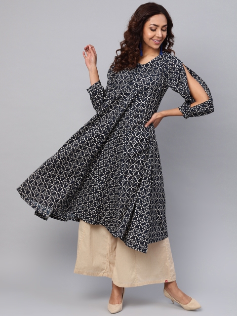 

Idalia Women Navy Blue & Off-White Printed A-Line Kurta
