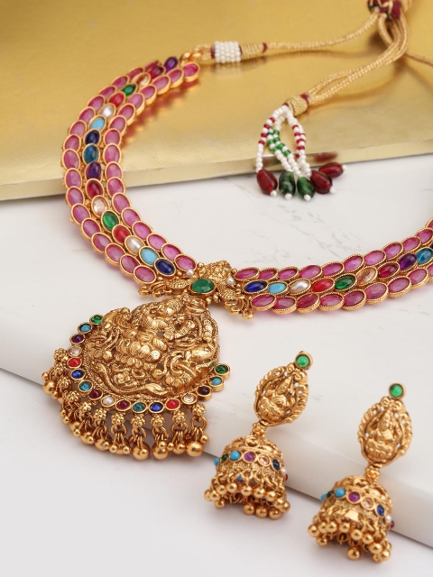 

Melani Borsa Pink Gold-Plated Stone-Studded Goddess Laxmi Textured Jewellery Set