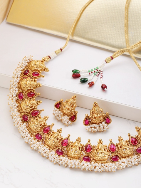 

Melani Borsa Women Red Gold-Plated Stone Studded & Beaded Temple Jewellery Set