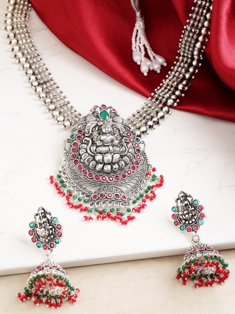 

Melani Borsa Women Maroon Silver-Plated Stone Studded & Beaded Temple Jewellery Set
