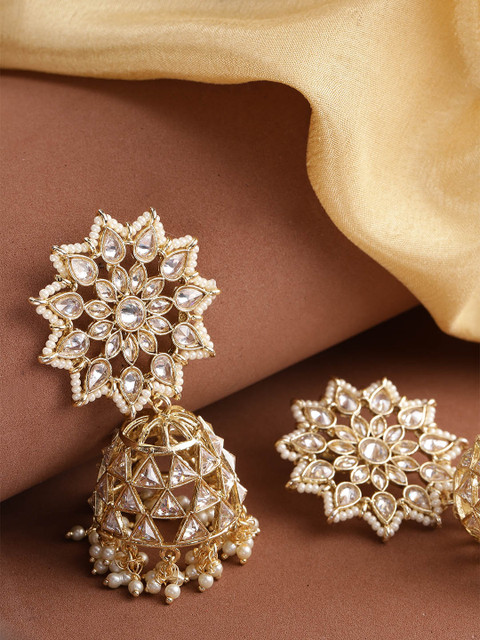 

Melani Borsa Off-White Gold-Plated Handcrafted AD Stone Studded Beaded Dome Shaped Jhumkas